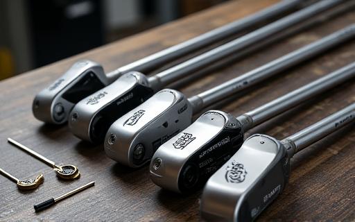 A selection of high-tech golf club heads and shafts on a workbench.
