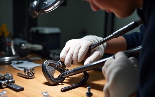 A technician using specialized tools to assemble a custom golf club.