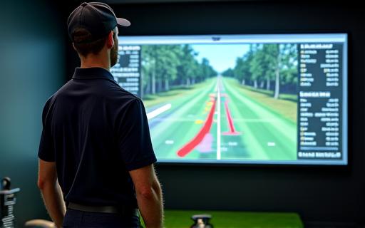 A golf professional analyzing swing data on a large screen during a club fitting session.