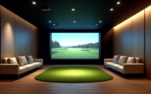 A luxurious room featuring a high-end golf simulator with a large projection screen.
