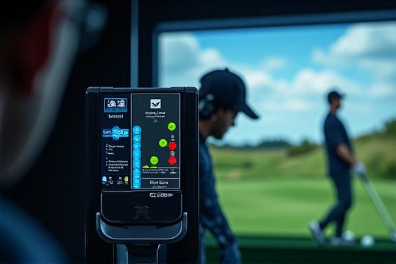 Close-up of a Doppler radar launch monitor positioned behind a golfer.