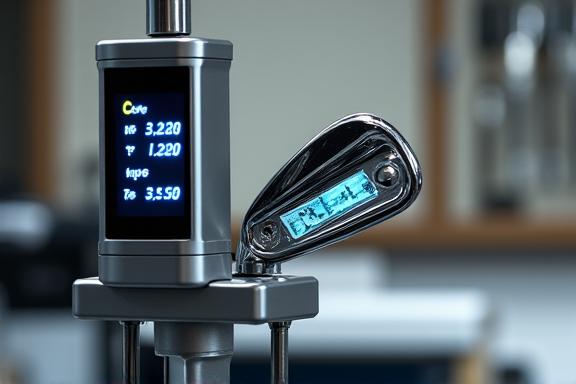 A digital loft and lie machine measuring a golf iron in a pristine workshop.